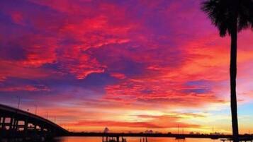 A sunset over a body of water with a bridge and palm trees.