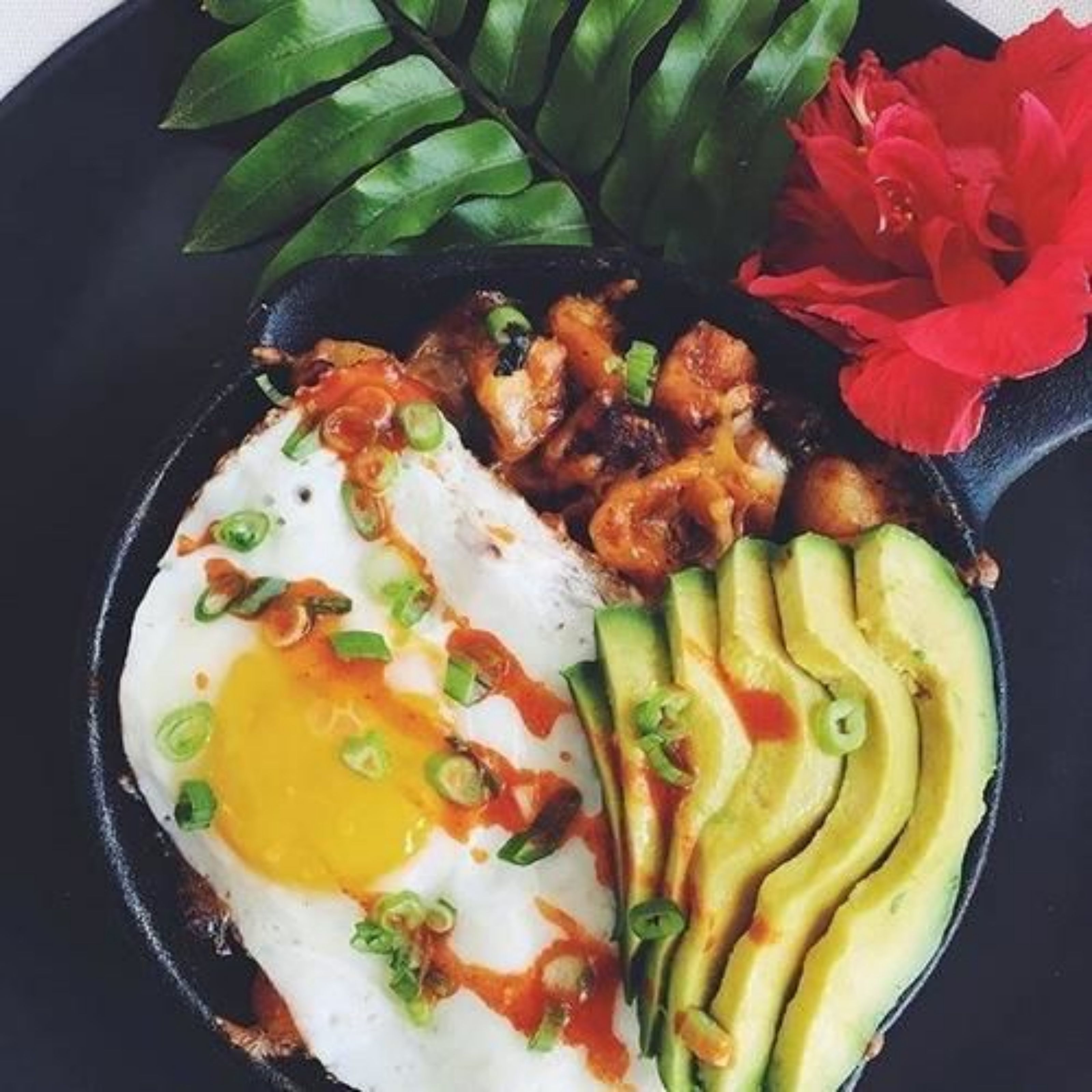 A skillet with a fried egg, sliced avocado, and a red flower.