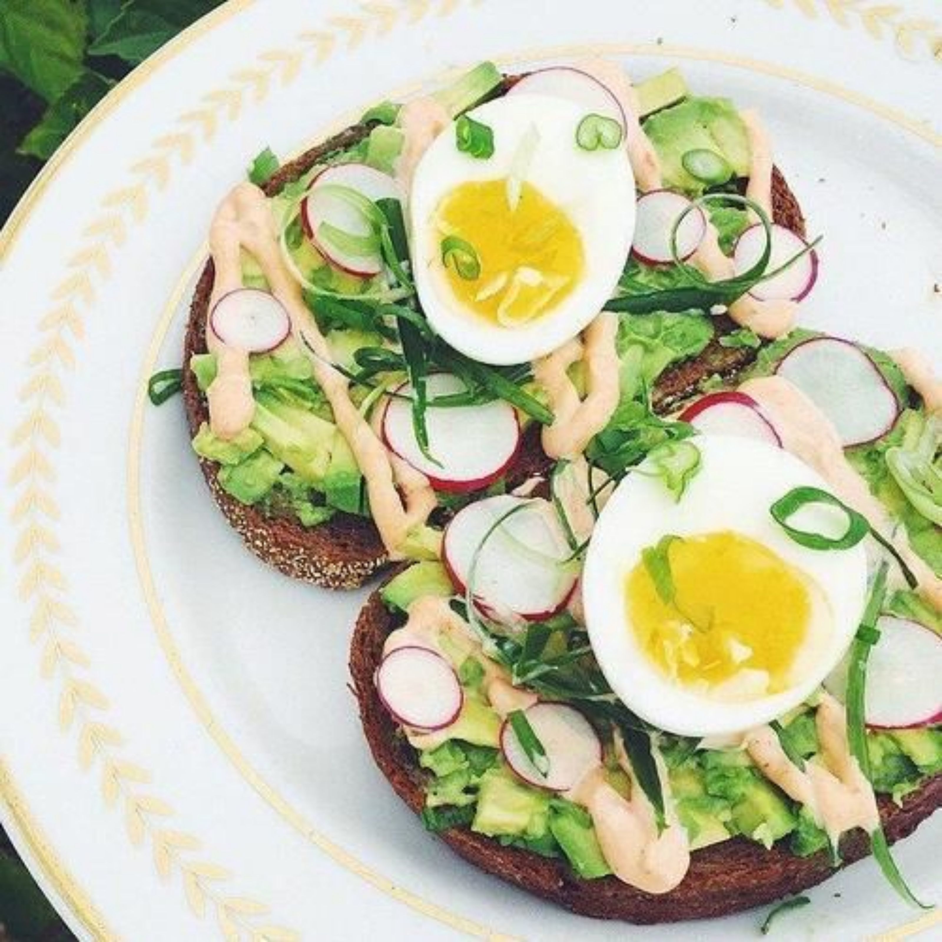 Une assiette avec trois tartines garnies d’avocat, de rondelles de radis et d’un œuf dur, servies avec une sauce crémeuse.