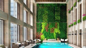 Una piscina con pared verde y zona de estar.
