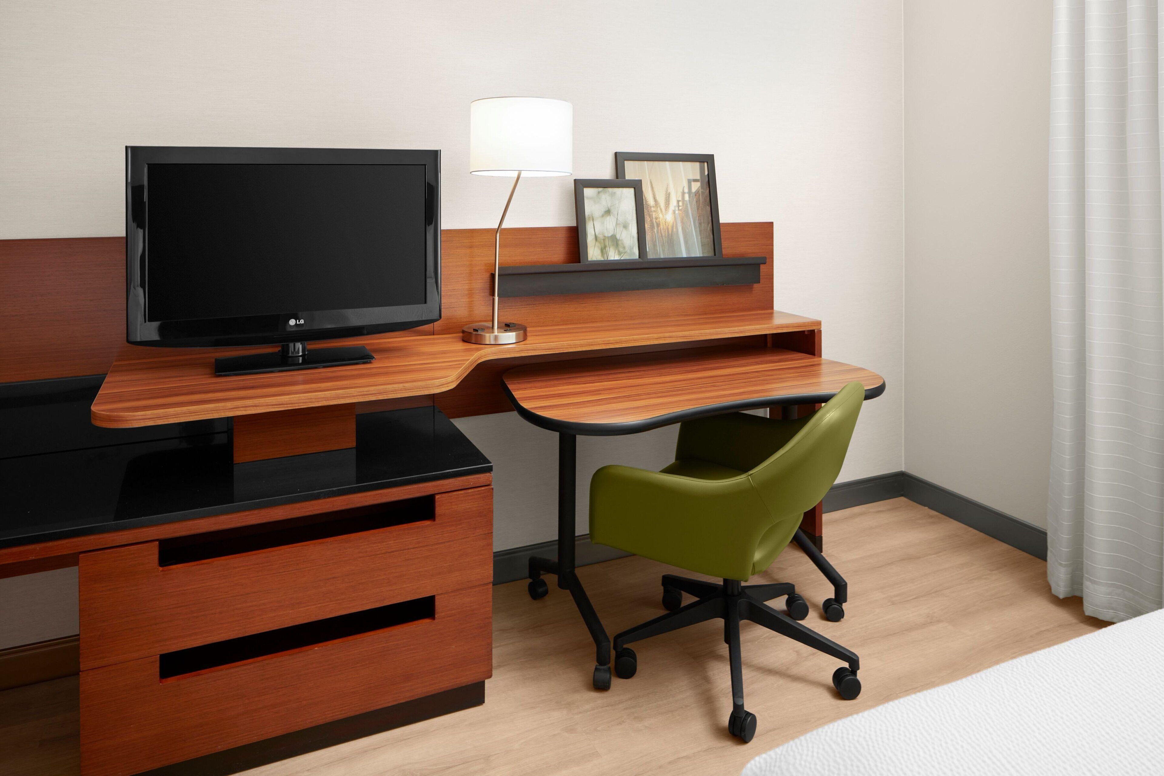 desk, laptop workspace, blackout curtains, iron/ironing board