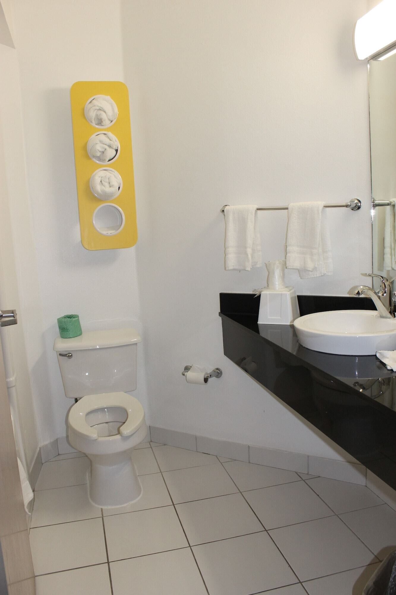 A bathroom with a toilet, a sink, and a mirror.