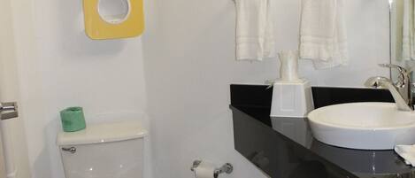 A bathroom with a toilet, a sink, and a mirror.
