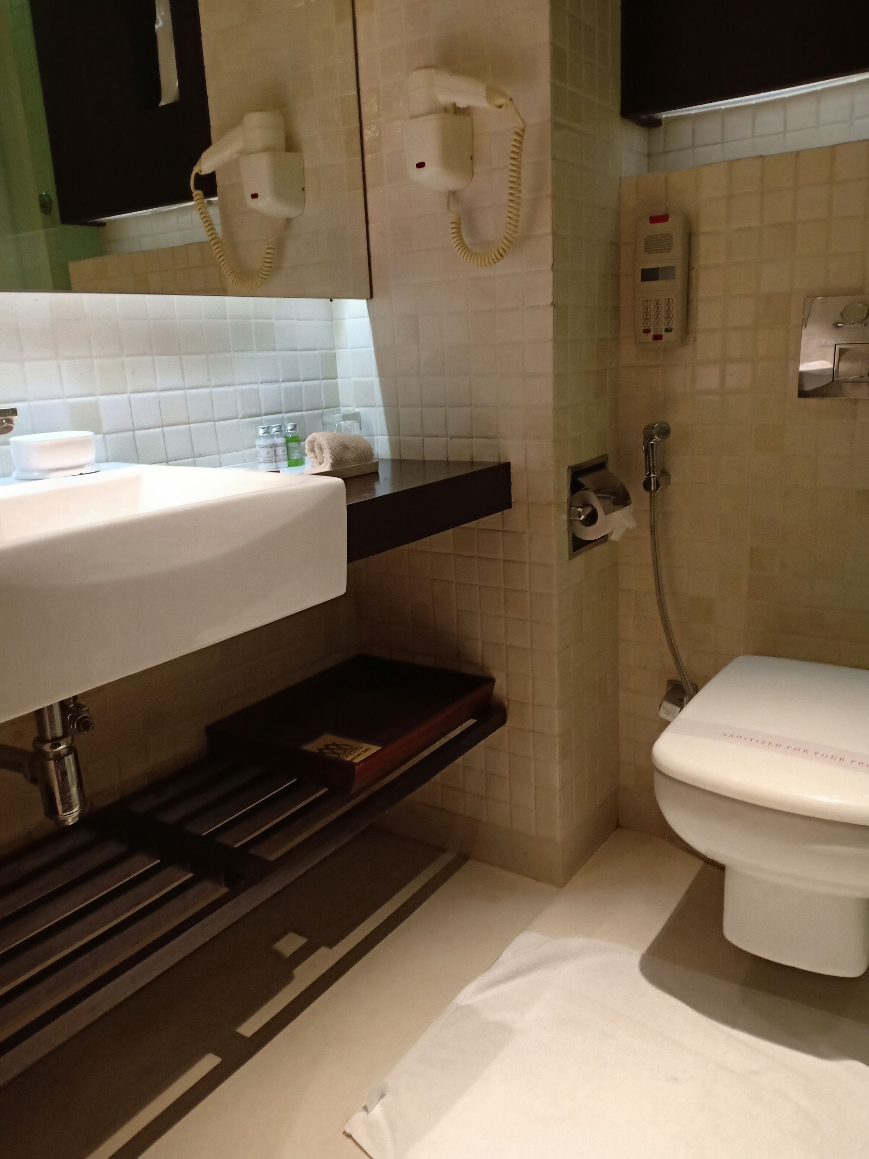 free toiletries, hair dryer, slippers, towels