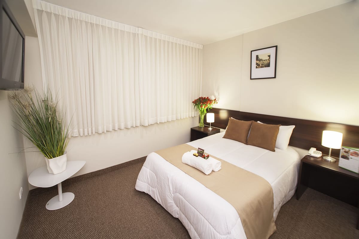 Un cuarto de hotel con una cama grande, una mesita de noche con una lámpara, una pequeña mesa con una planta y un cuadro en la pared.