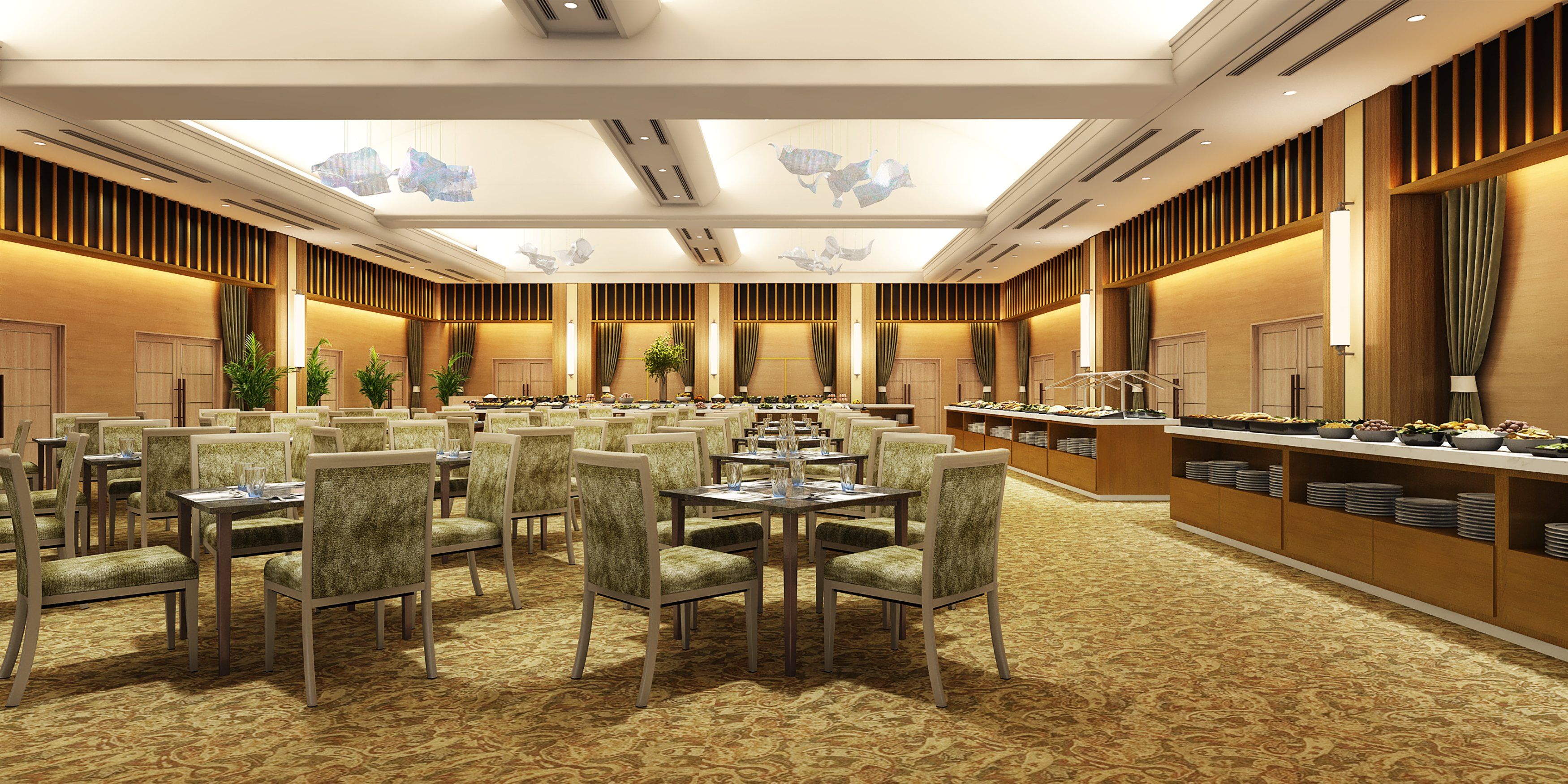 A spacious banquet hall with multiple tables and chairs, a buffet area, and a high ceiling with decorative lighting.