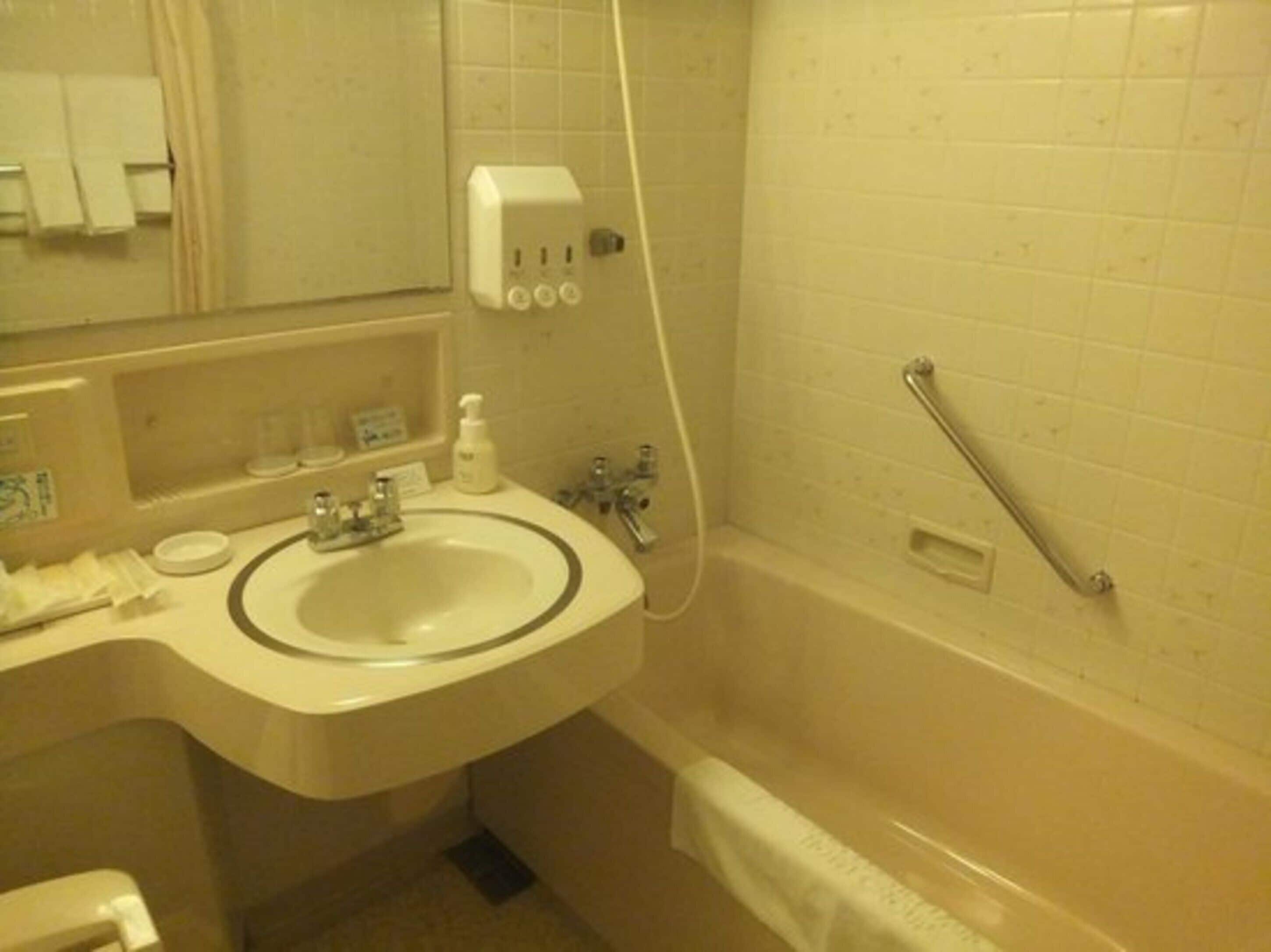 combined shower/bathtub, free toiletries, hair dryer, slippers
