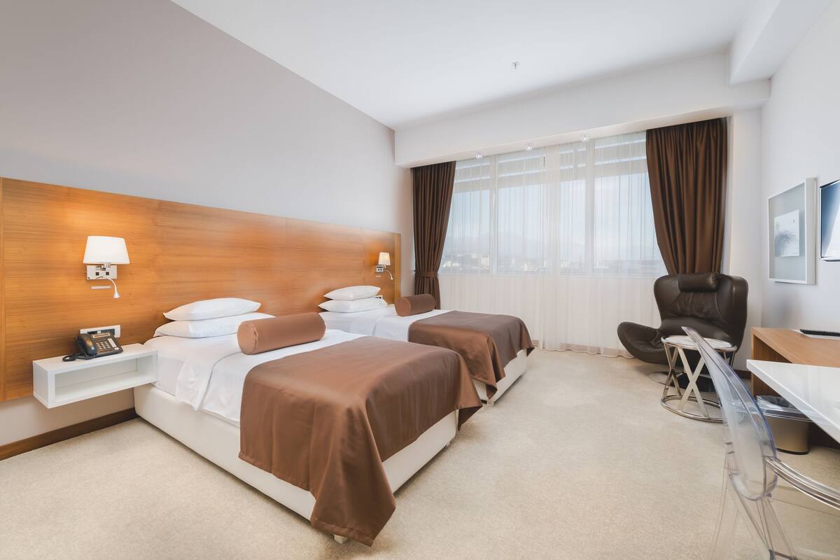 Una habitación de hotel con dos camas, un escritorio, una silla y un televisor.