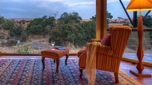 Una habitación con un ventanal que ofrece vistas a un paisaje natural, una alfombra estampada y un sillón a rayas.