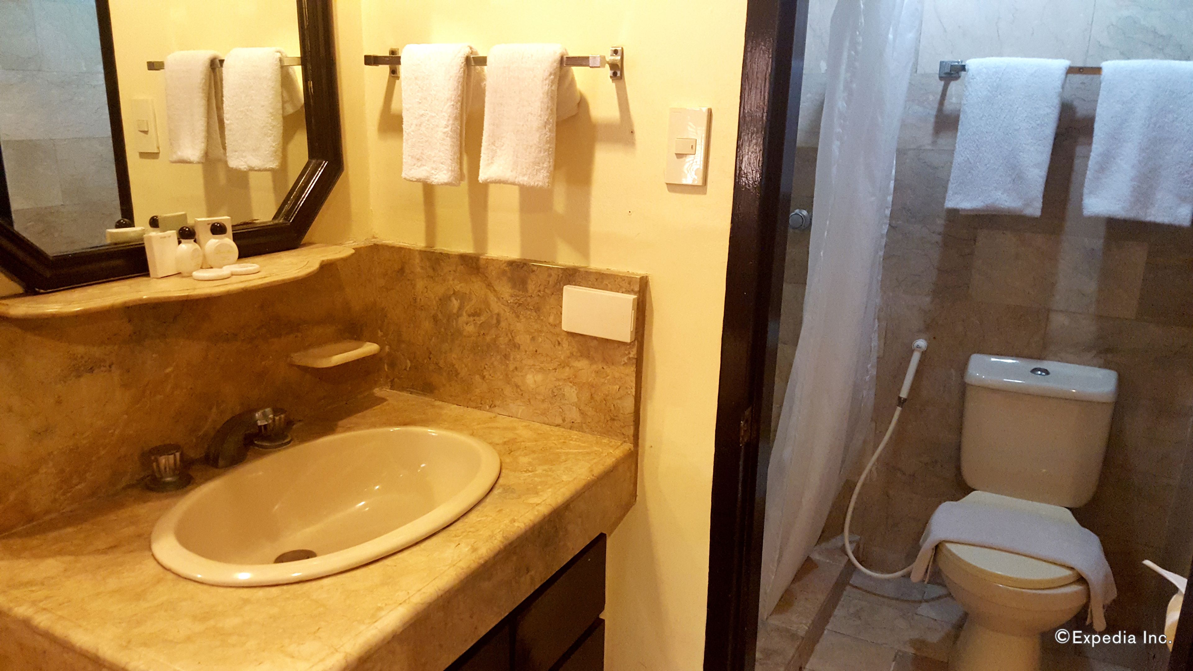 A bathroom with a sink, mirror, and towel rack.
