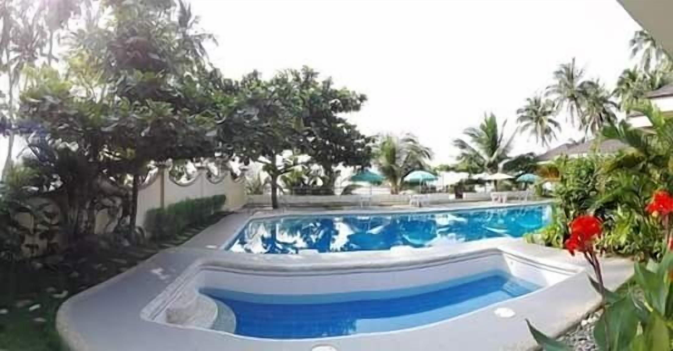 A swimming pool with a curved edge, surrounded by greenery and palm trees.