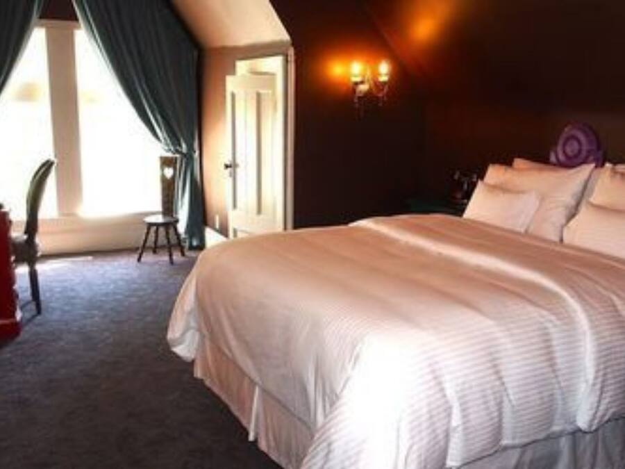 A hotel room with a large bed, a red side table, a lamp, and a view of the outdoors.