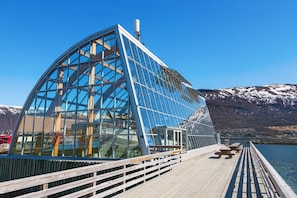 A modern glass structure with a wooden deck and benches, overlooking a body of water and snow-capped mountains.