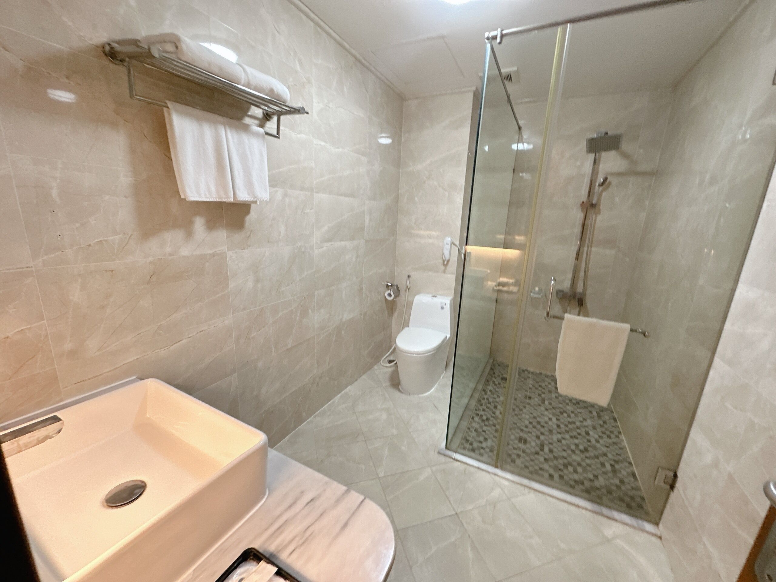 Un baño moderno con ducha envuelta en vidrio, una bañera independiente y un inodoro.
