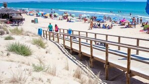 A beach with a wooden walkway leading to the shore, sandy dunes, and a clear blue sky. - La Marina Resort (Elche)