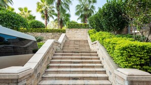 Un conjunto de escalones de piedra que conducen a un edificio, rodeado de abundante vegetación y palmeras.