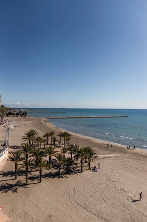A beach with palm trees, a pier, and a clear blue sky. - Hotel Polamar (Santa Pola)