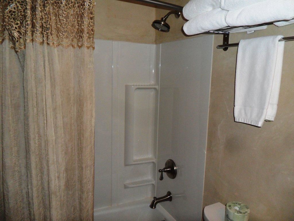 A bathroom with a shower, toilet, and towel rack.
