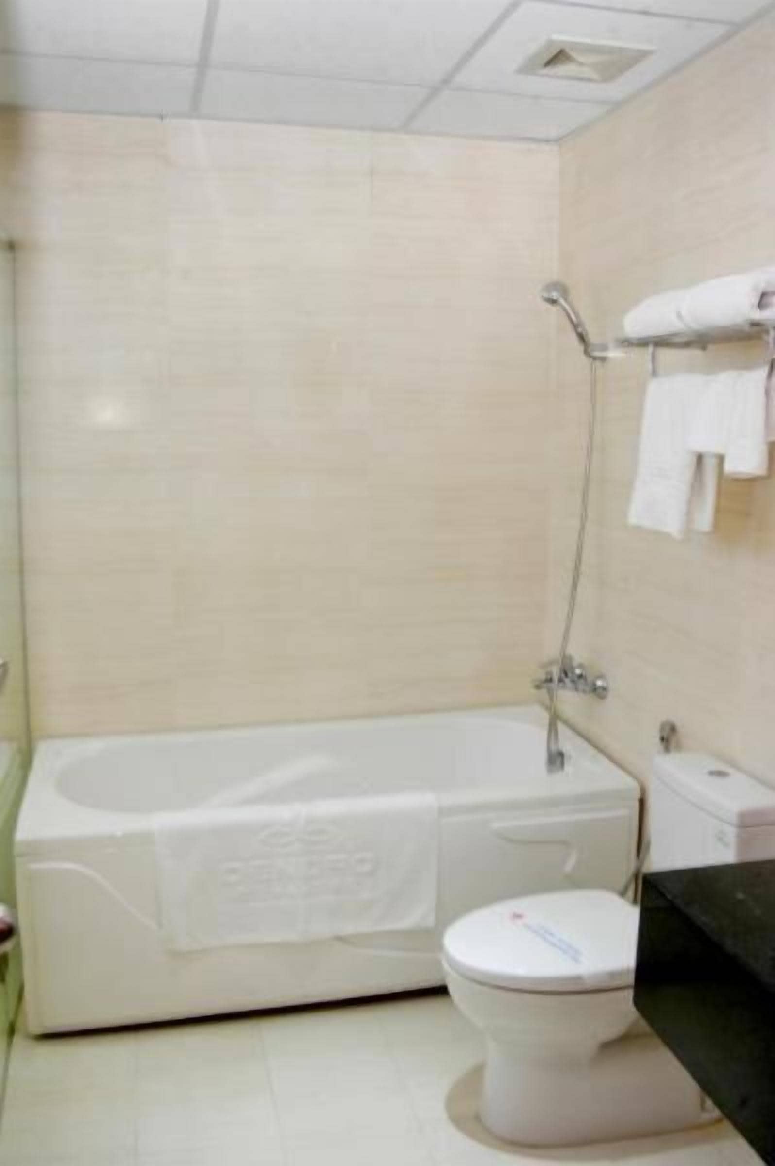 Une salle de bain équipée d’une baignoire, de toilettes et d’un porte-serviettes avec des serviettes.
