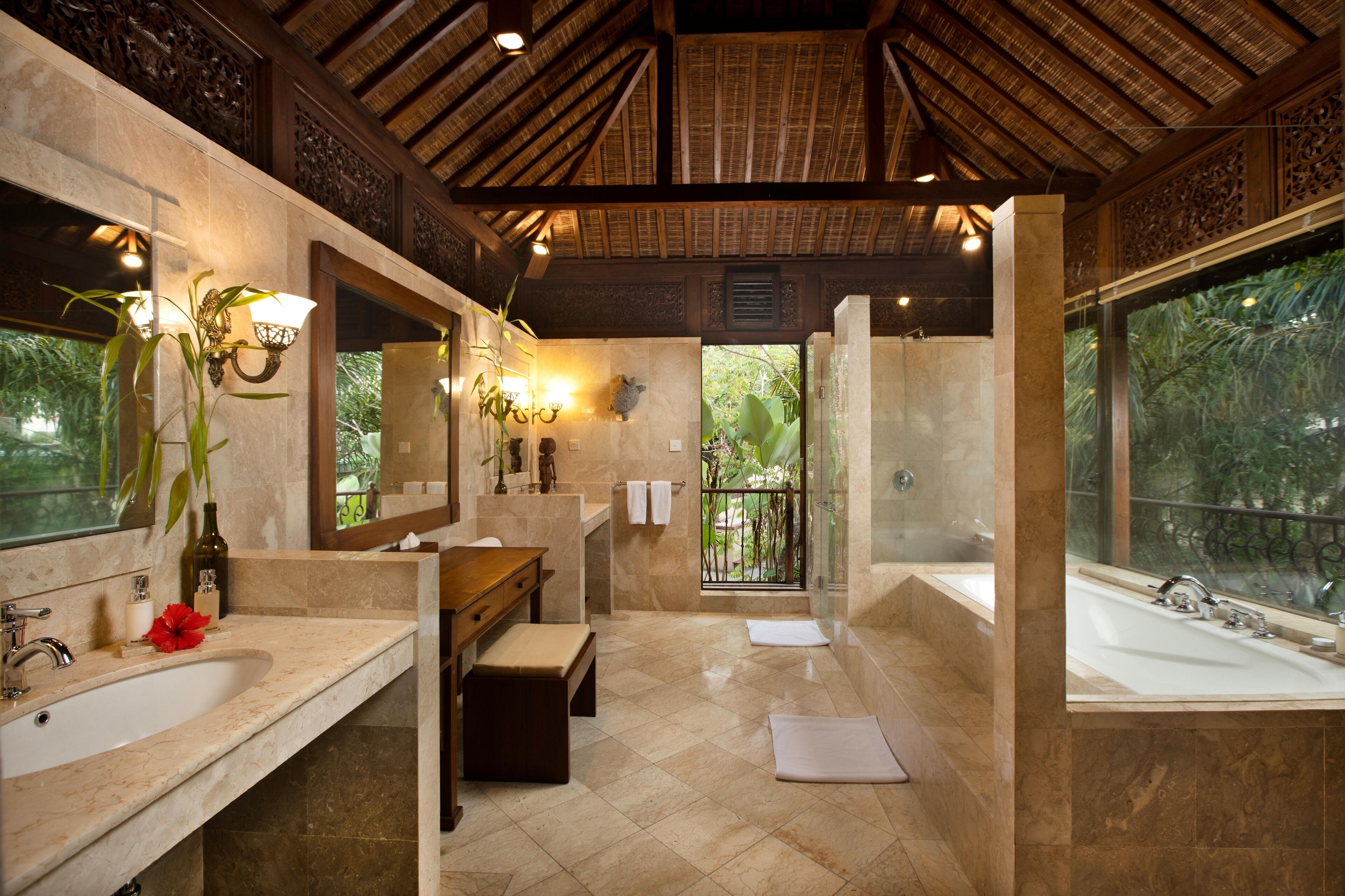 deluxe rainforest villa | bathroom | separate bathtub and shower, deep-soaking bathtub, rainfall showerhead