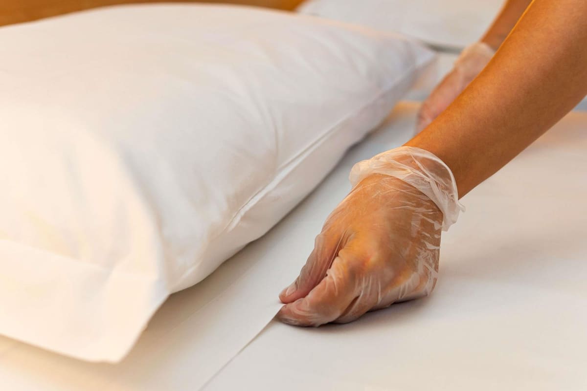 A hand adjusting a white pillow on a bed.
