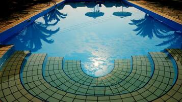 Outdoor pool, pool umbrellas, pool loungers