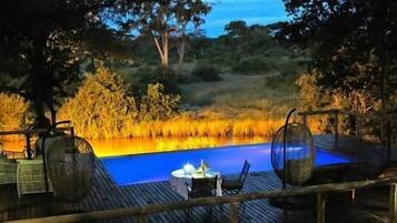 Outdoor pool, pool umbrellas, pool loungers