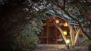 Un chalet rustique doté d’un porche, entouré d’une végétation luxuriante.