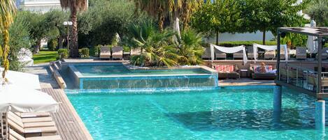 Seasonal outdoor pool, pool umbrellas, pool loungers