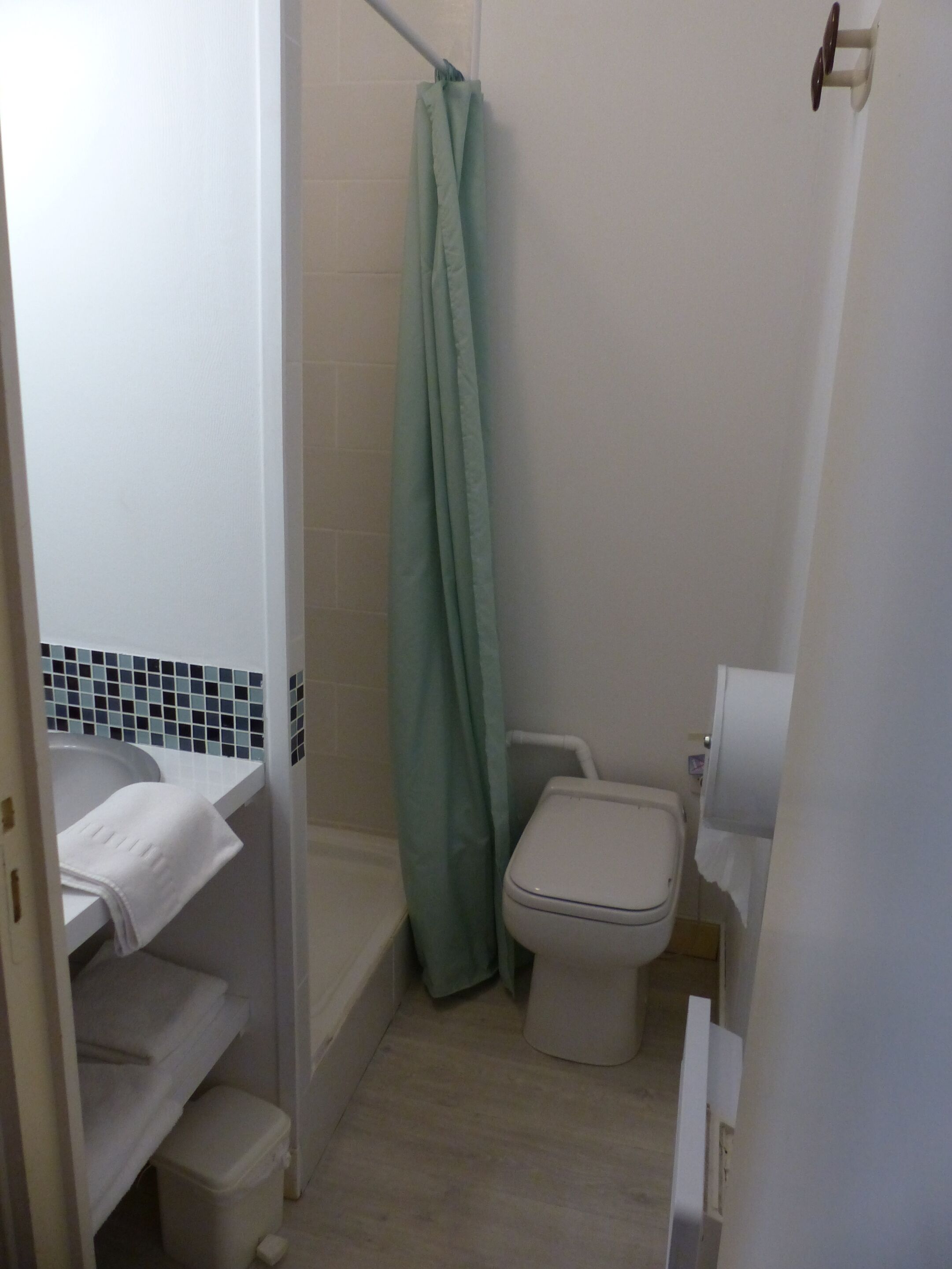 A small bathroom with a shower curtain, a toilet, and a sink with a towel.