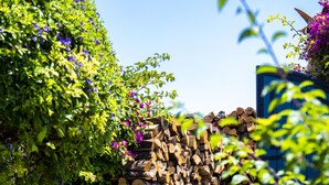 A garden with a stack of firewood, a metal fence, and green foliage. - Alaçatı Sultan Konak Butik Otel (Cesme)