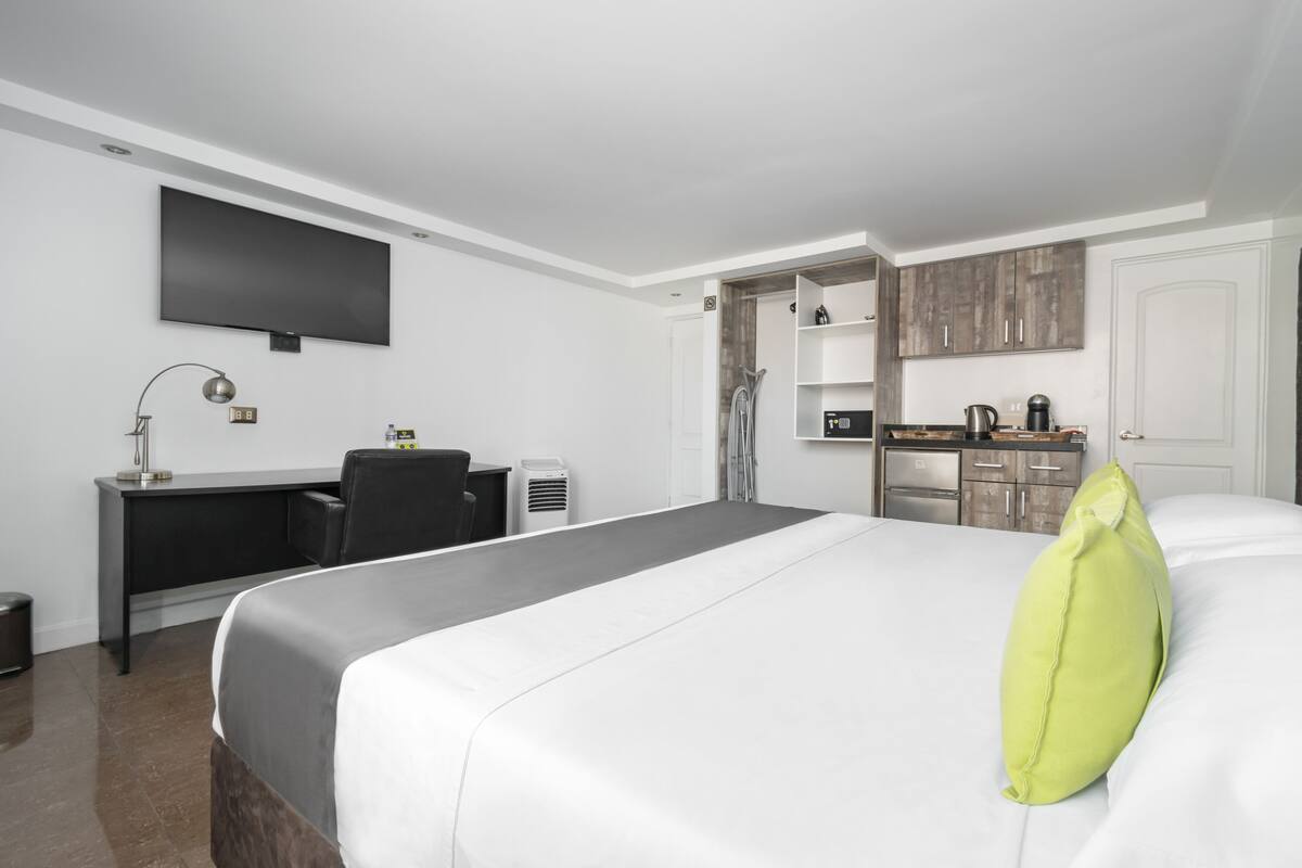 A hotel room with a bed, a desk, a TV, a kitchenette, and a shower area.