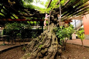 A tree with a wooden swing hanging from it, surrounded by greenery and a brick pathway. - Appartamenti Emmaus (Maccagno con Pino e Veddasca)