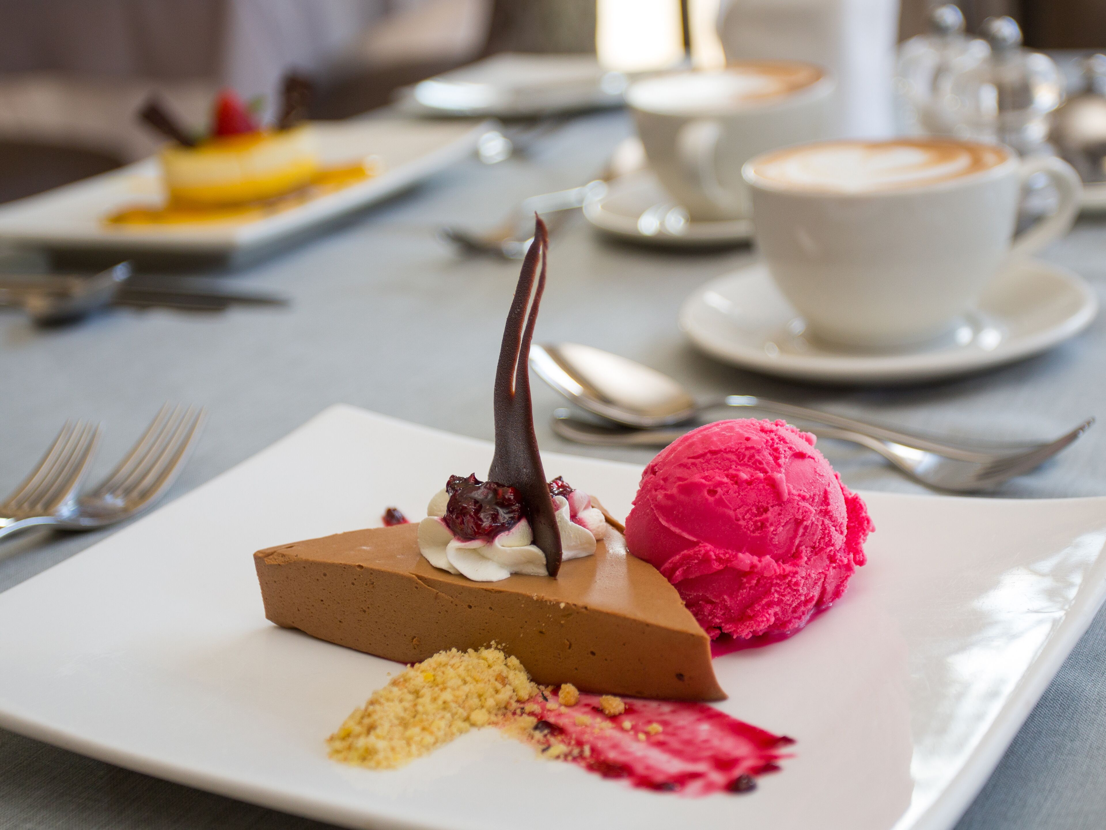 A dessert plate with a slice of cake, a scoop of pink ice cream, and a chocolate drizzle.