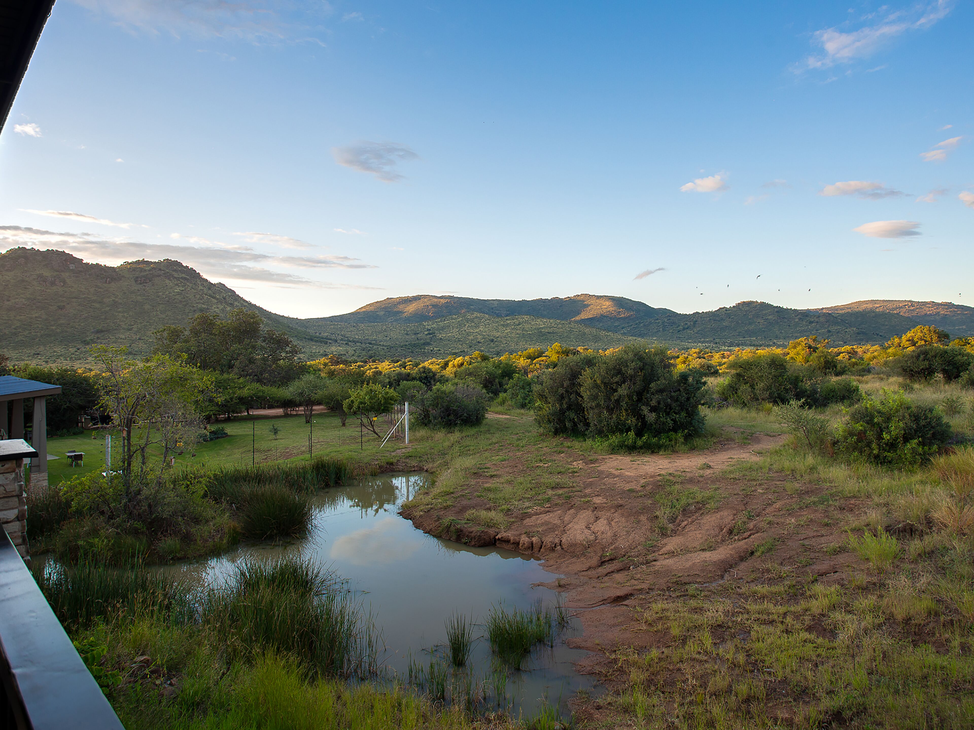 A view of a natural landscape with a small pond, grassy areas, and distant hills.