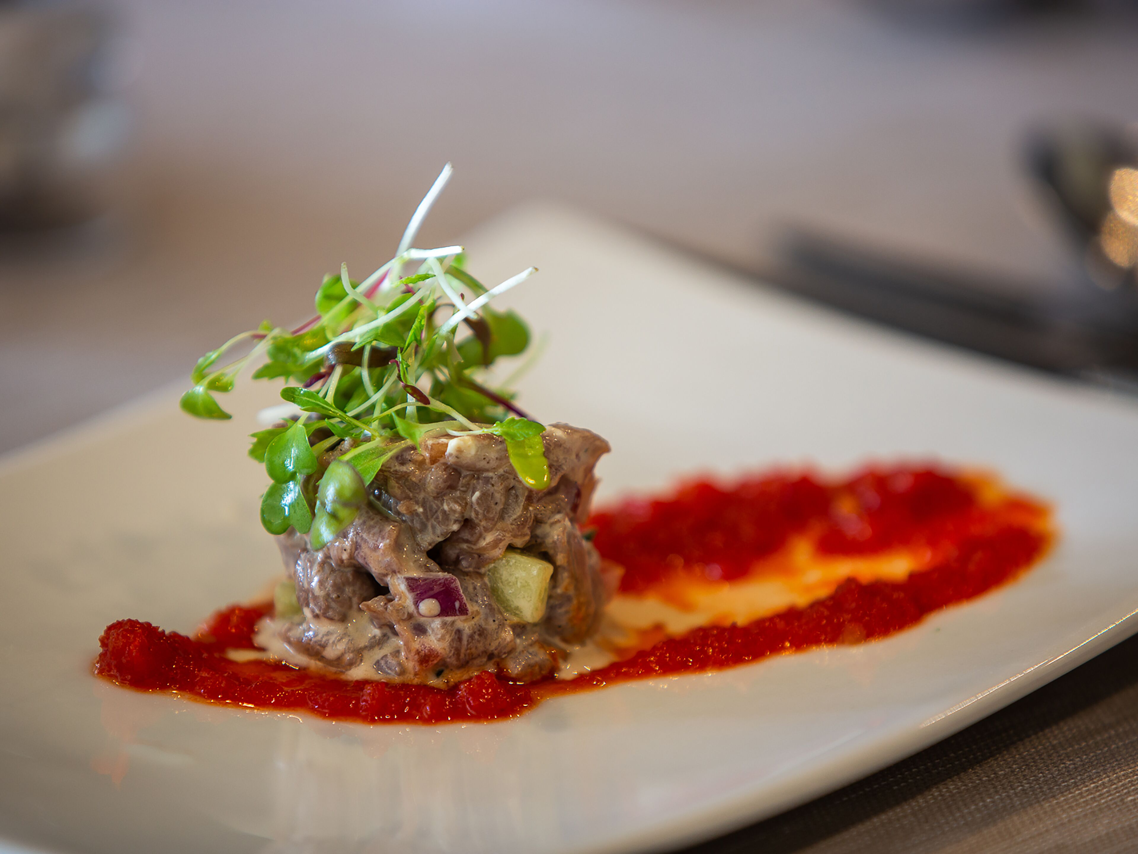 Un plato de comida con salsa roja y guarnición verde.