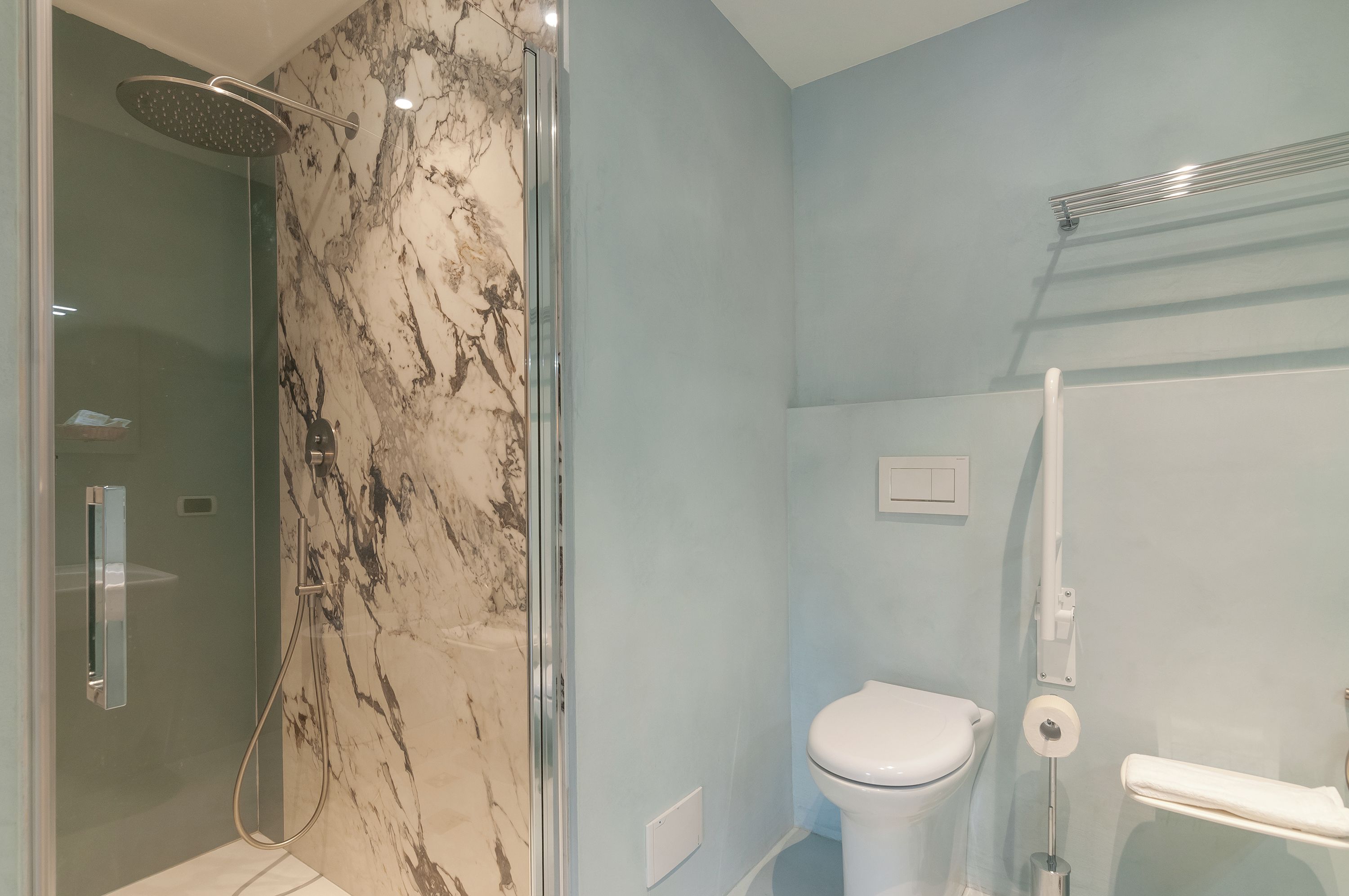 A bathroom with a shower, toilet, and towel rack.