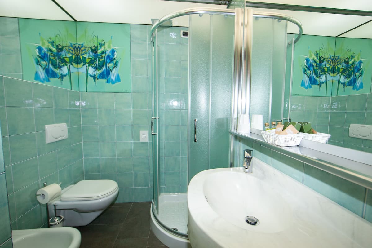 standard double or twin room | bathroom | shower, rainfall showerhead, hair dryer, bidet