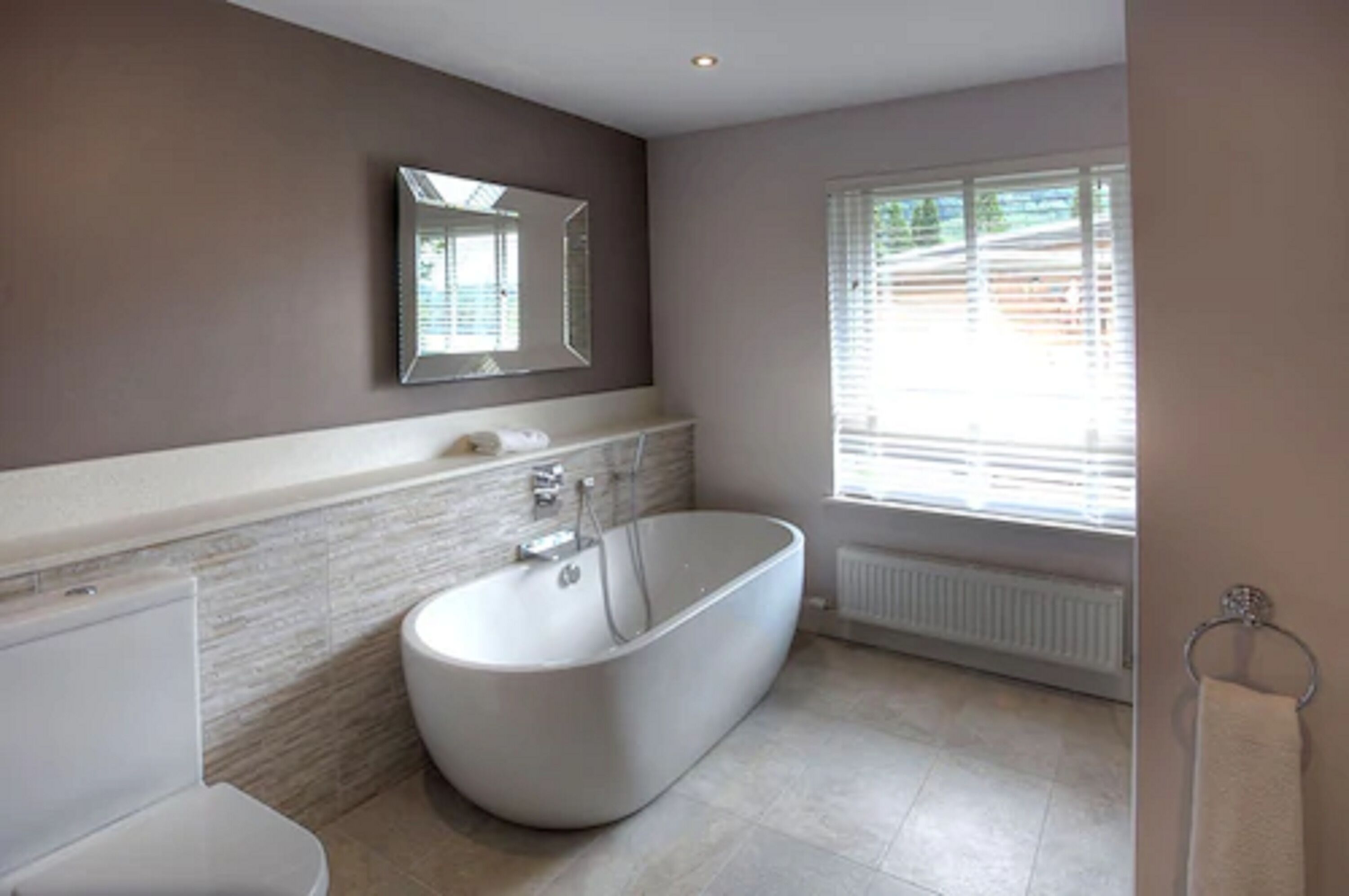 A modern bathroom with a freestanding bathtub, a toilet, and a large mirror.