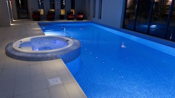 Indoor pool, open 8:00 AM to 8:00 PM, sun loungers