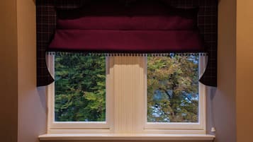 A window with a radiator below it, flanked by patterned curtains.