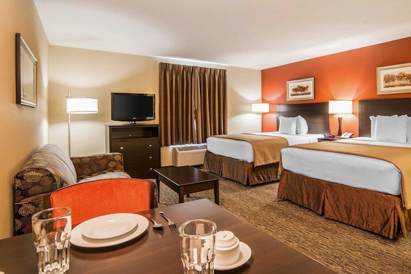 Desk, laptop workspace, blackout curtains, iron/ironing board