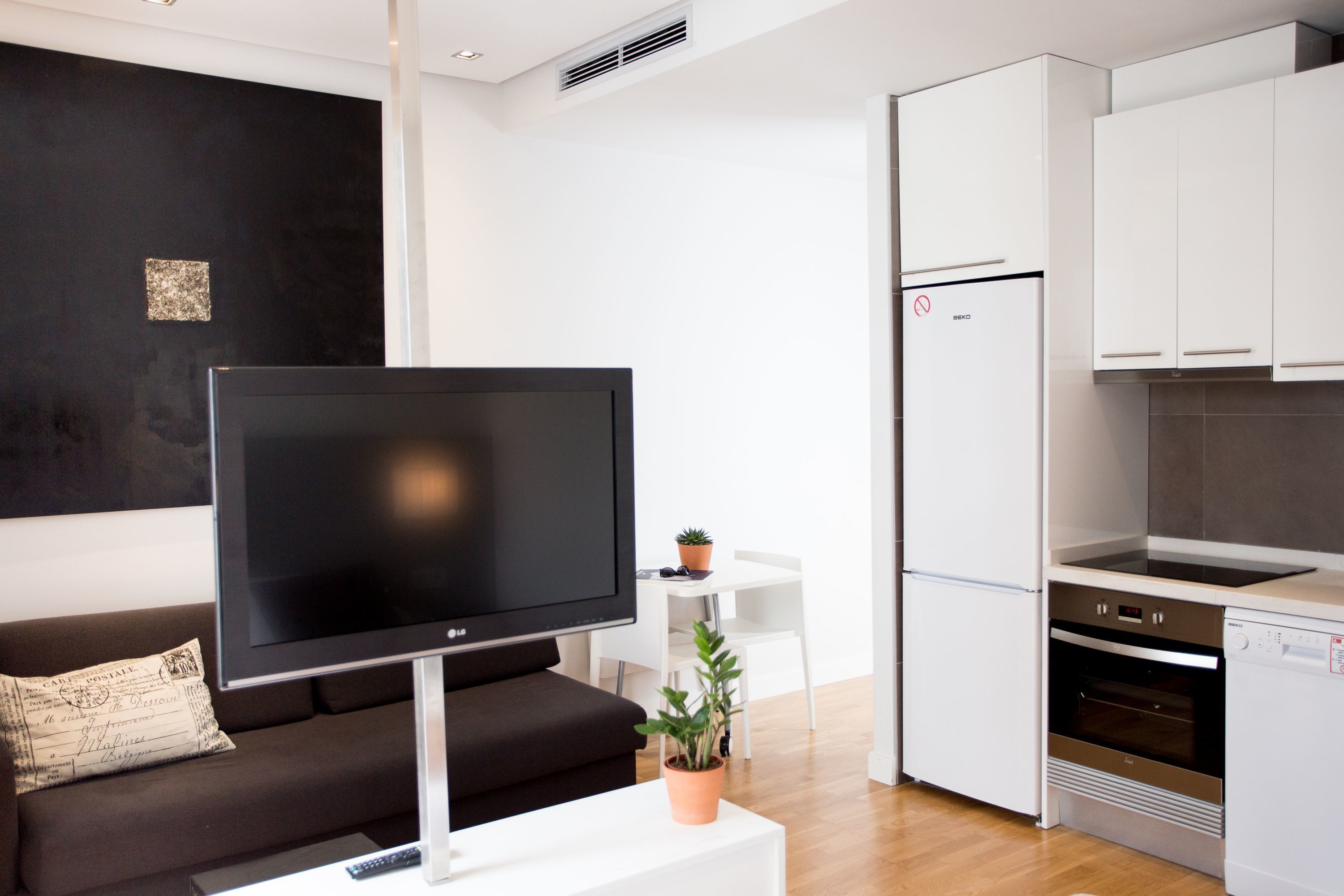 Una sala de estar moderna con una televisión de pantalla plana, un sofá, una mesita con una planta y una kitchenette con refrigerador y horno.