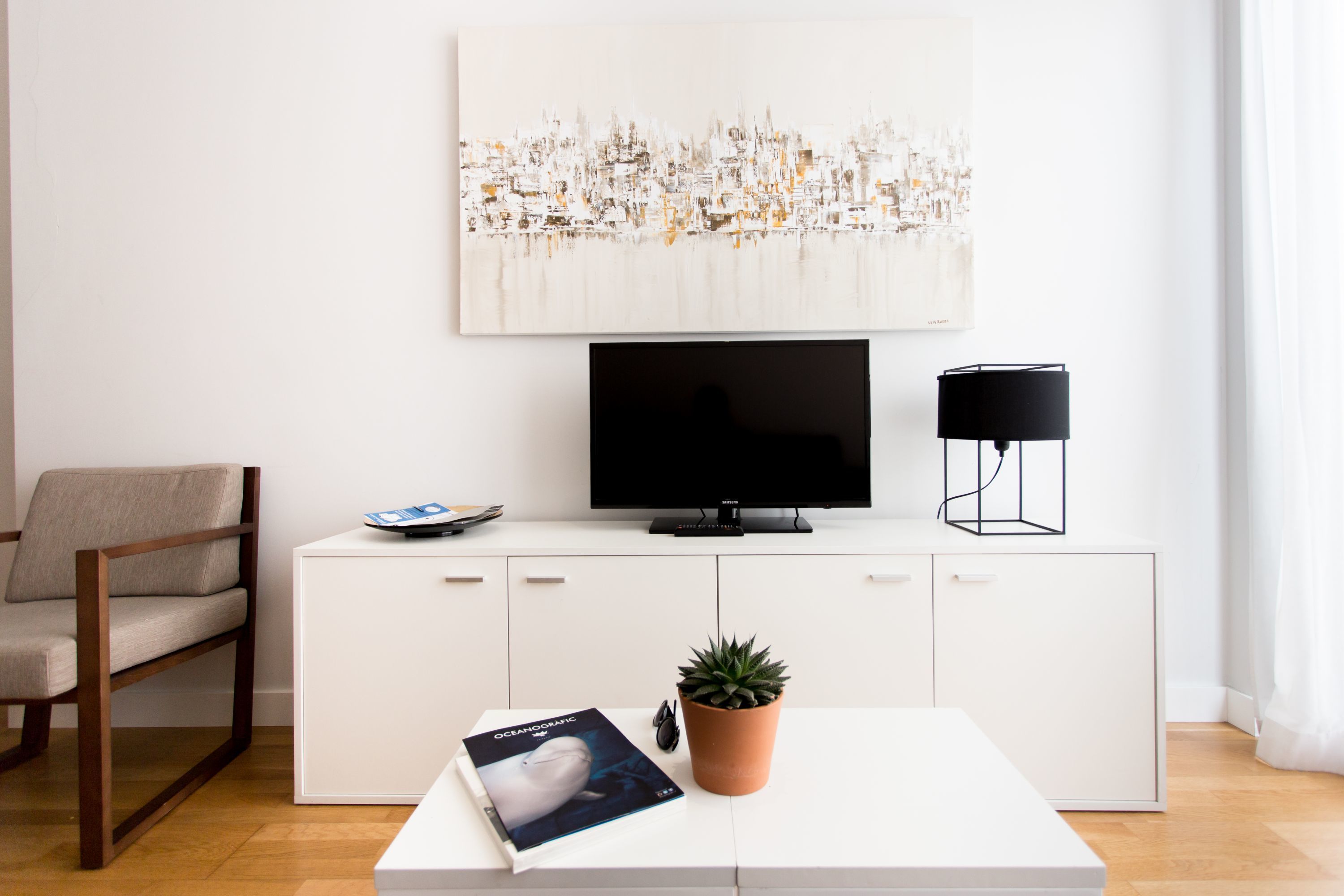 A modern living room with a white TV stand, a flat-screen TV, a black floor lamp, a potted plant, and a magazine on a coffee table.