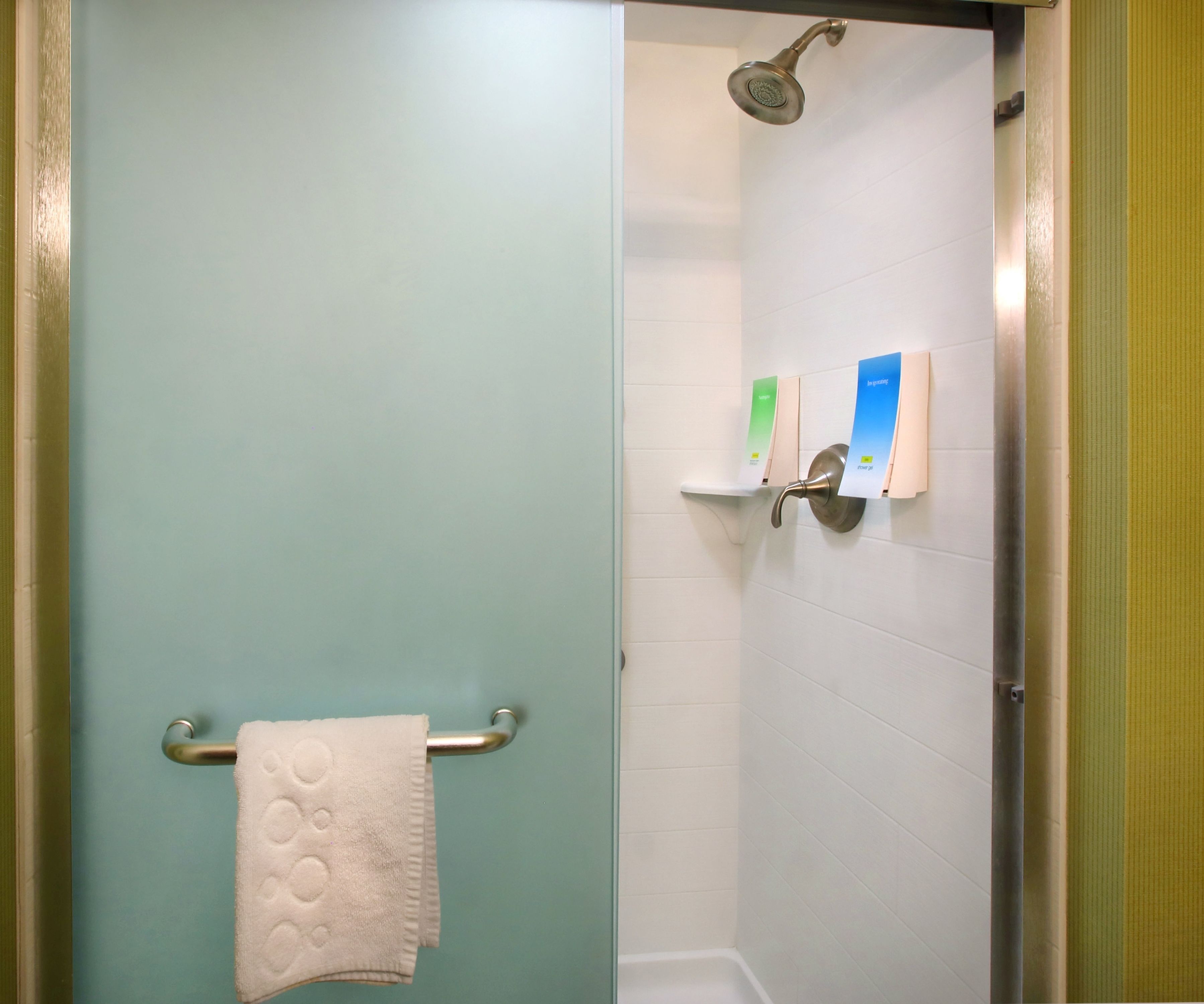 Un baño con toallero, ducha y estante con artículos de aseo.