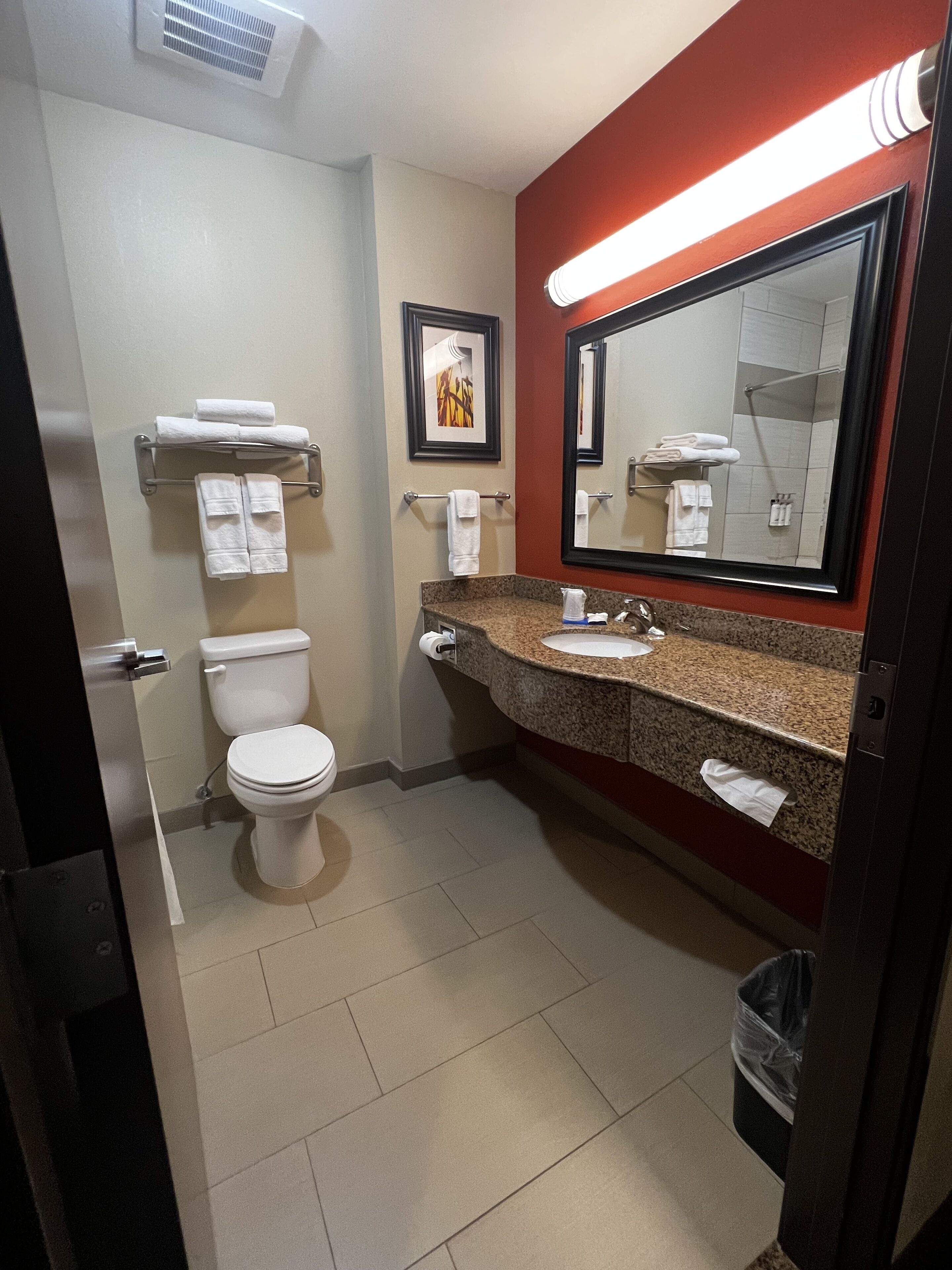 A hotel bathroom with a toilet, sink, and a large mirror. There are towels on a rack and a trash can.