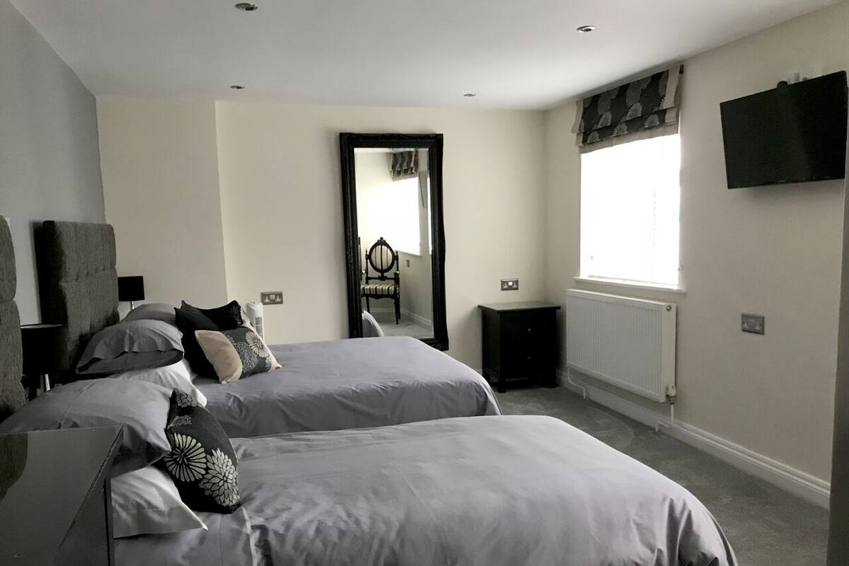 A bedroom with two beds, a radiator, a mirror, and a television on the wall.