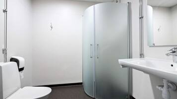 A modern bathroom with a white toilet, a glass shower enclosure, and a sink with a mirror.
