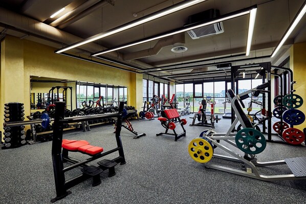 Une salle de sport équipée de divers appareils de musculation, de miroirs et offrant une vue sur l’extérieur grâce à de grandes fenêtres.