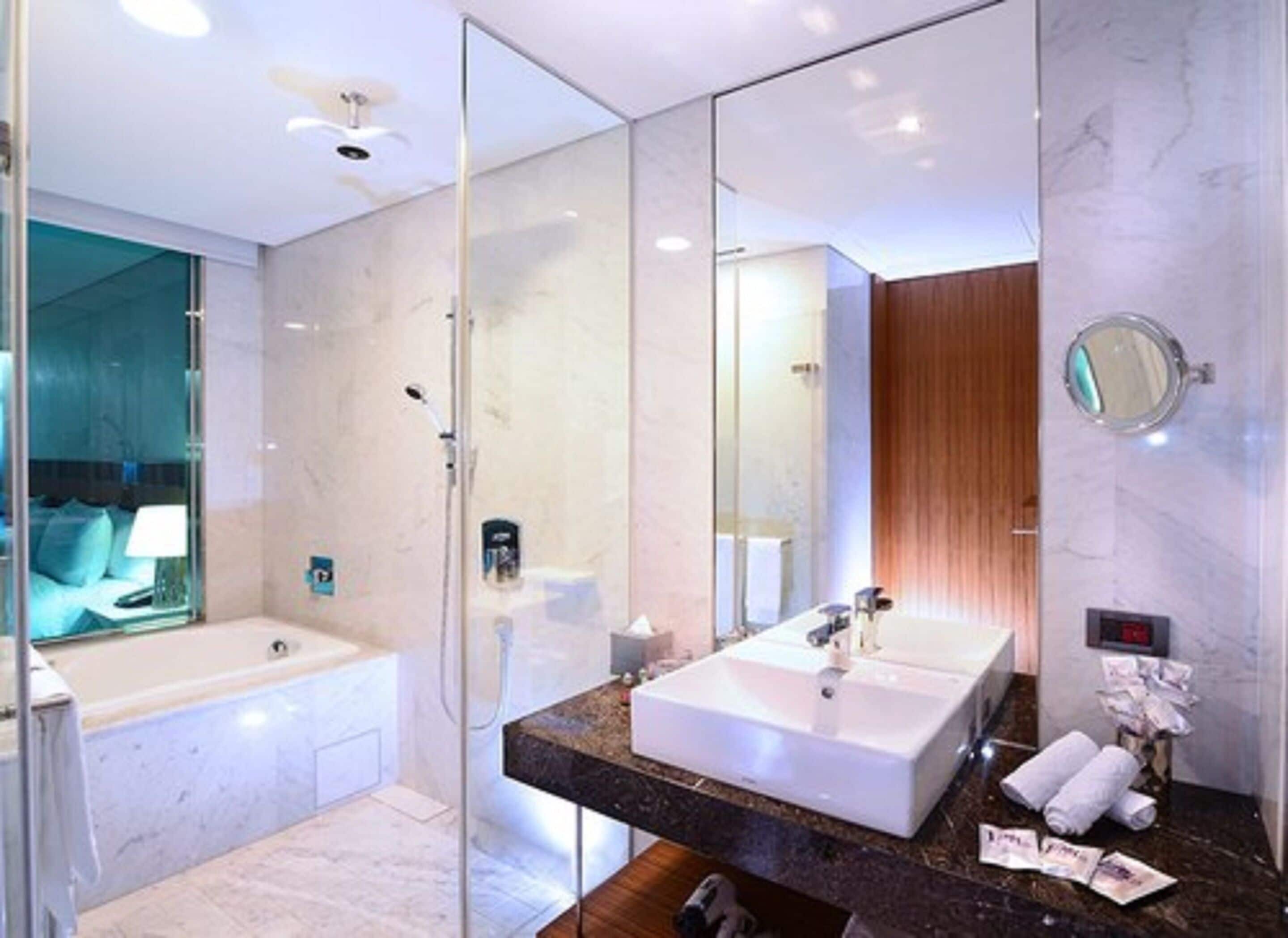 shower, rainfall showerhead, hair dryer, bathrobes